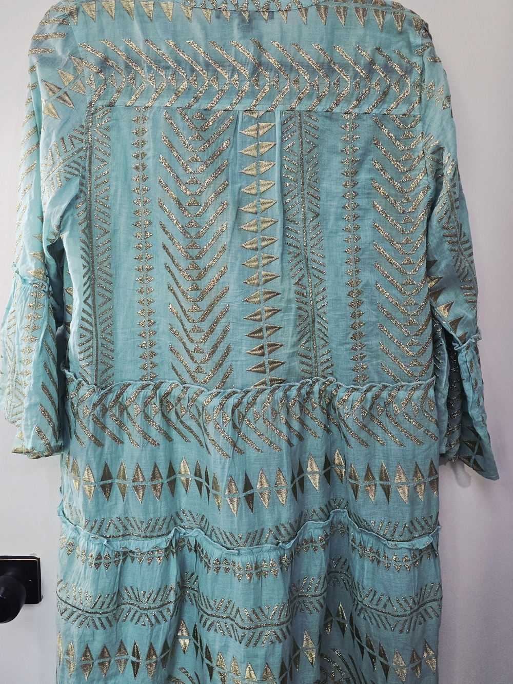 Boston Proper Turquoise Long Sleeve V Neck Minidress W Gold Embroidery-Med - Picture 13 of 16